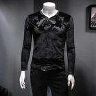 Футболка мужская с V-образным вырезом, Повседневная Уличная одежда в британском стиле, винтажная бархатная Клубная одежда в стиле хип-хоп, с длинным рукавом