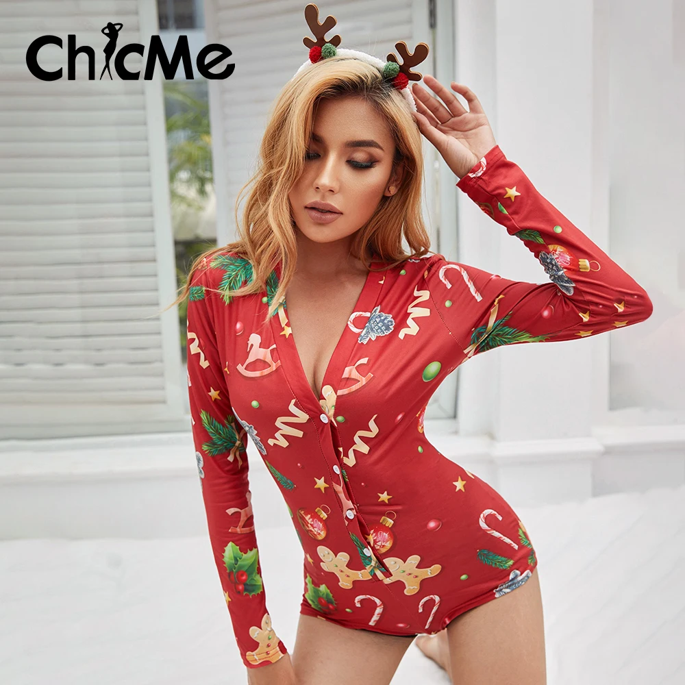 

Chicme Women Christmas Print Cutout Long Sleeve Romper V Neck Red Bodysuit Sexy Christmas Gift For Women Homewear Jumpsuit