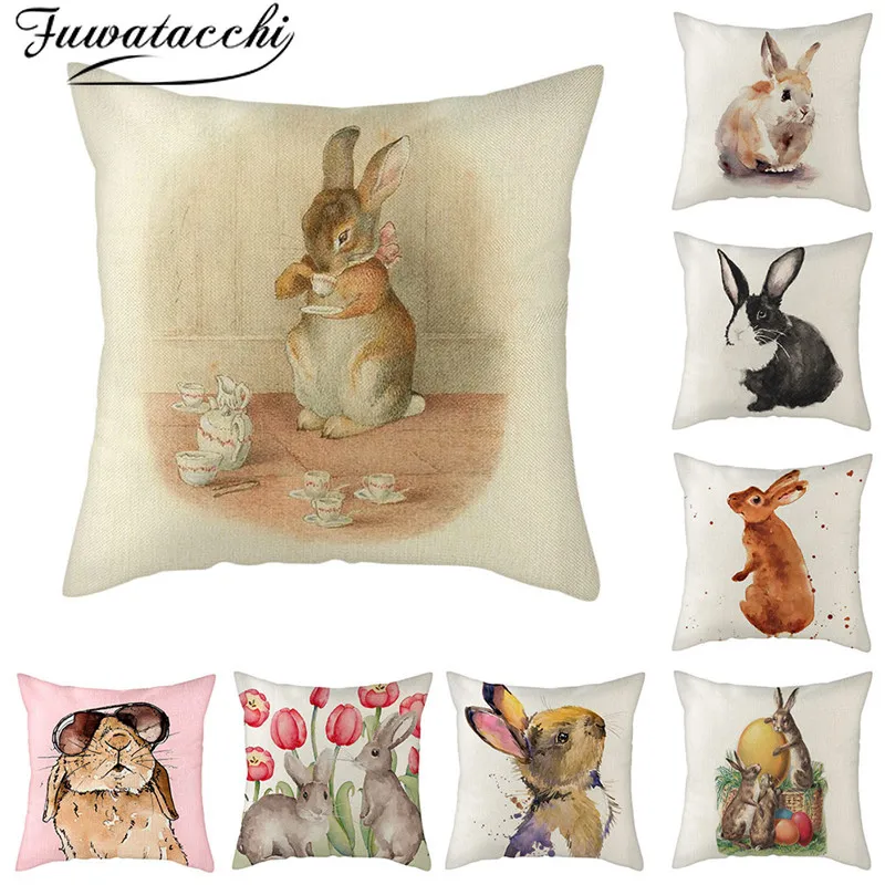 Чехол для подушки Fuwatacchi из чистого льна наволочка с серым рисунком кролика