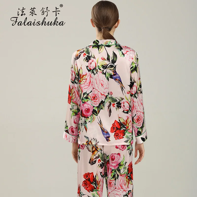 19 Momme 100% genuine silk pajamas sets women sleepwear Korean Elegant Flowers fashion Mulberry Silk womens pyjamas T8127_ZB