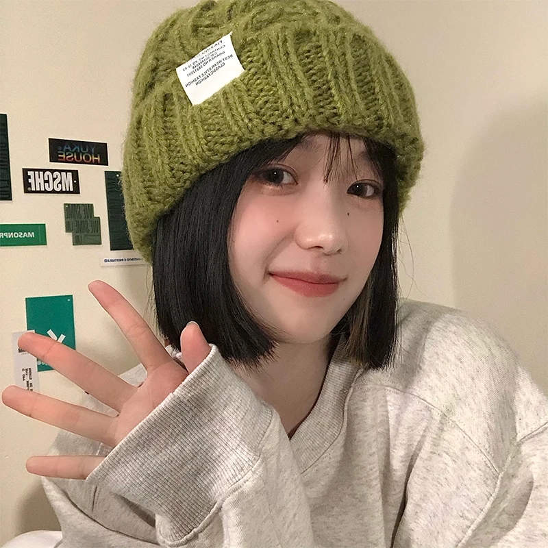 

2021 hat female thick knit wool hat autumn winter wild big head circumference green loose tide show small