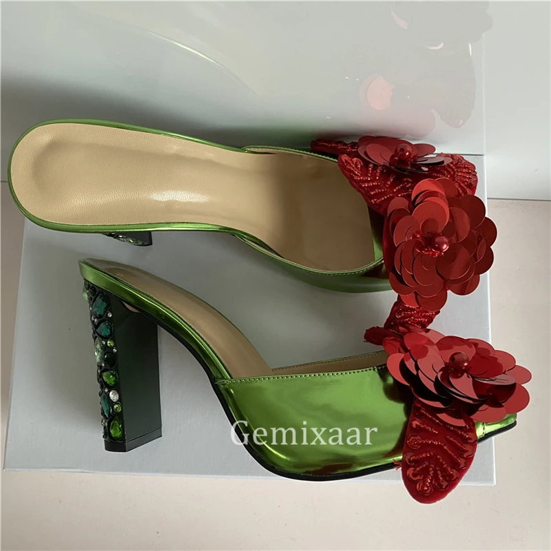 

Diamond Rhinestone High Heel Sandals Women Bling Sequins Flower Decor Peep Toe Patent Leather Slingbacks Lady Mules