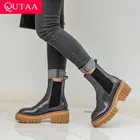 QUTAA2022 ботильоны на высоком квадратном каблуке Женская обувь без шнуровки из коровьей кожи повседневные ботинки Челси с круглым носком на осень-зиму размеры 34-43