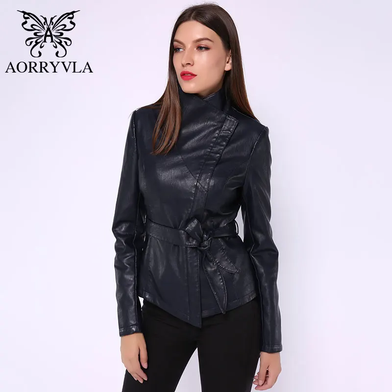 AORRYVLA популярные косуха кожаная куртка для женщин осень брендовая кожаная куртка искусственной кожи готический большой отложной воротник пояса короткие женские кожаные пальто