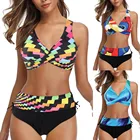 Женский винтажный бикини с принтом пуш-ап, разноцветный купальник в радужную полоску с высокой талией, пляжная одежда для плавания, размера плюс
