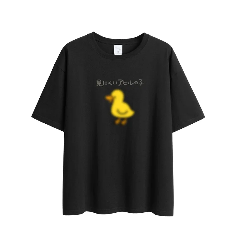 

2021 fuzzy duck print short-sleeved T-shirt women loose cotton Korean style drop shoulder half-sleeved top bottoming shirt