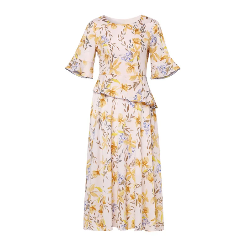 

2021 spring new women's dress elegant medium length 5-sleeve irregular apricot flower swing skirt