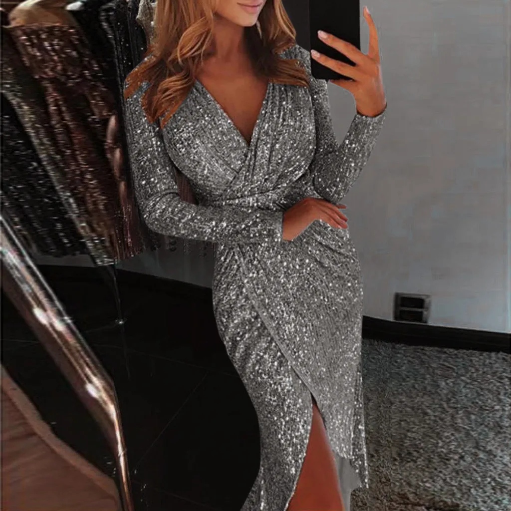 Женское вечернее платье с разрезом спереди блестящее рюшами и глубоким v