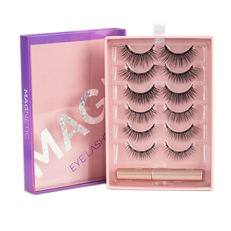 

6 Pairs/Set 5 Magnet Magnetic Eyelashes False Lashes Reuse Eyelashes With Liquid Eyeliner Waterproof Makeup With Pull Out Box