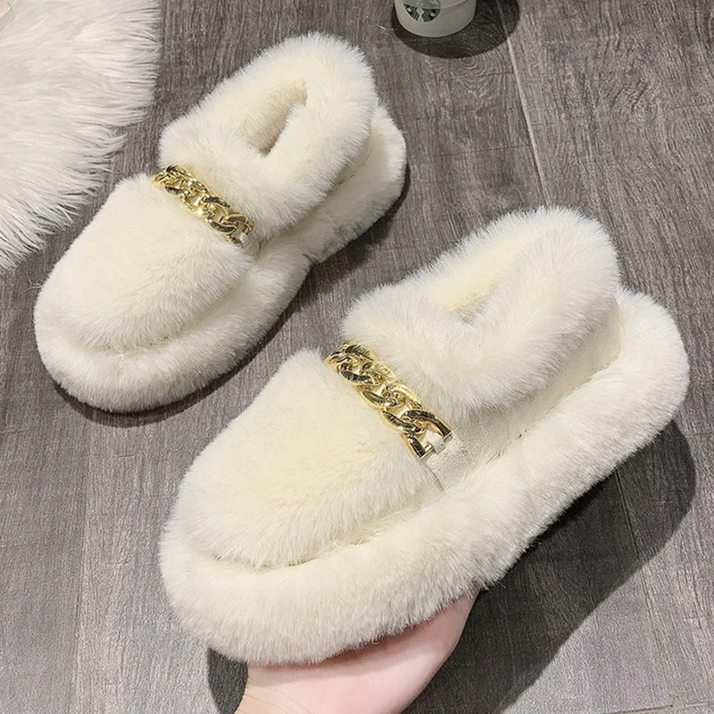 

Женские меховые лоферы, зимние теплые слипоны на толстой подошве, с цепочкой 4 см, 2021