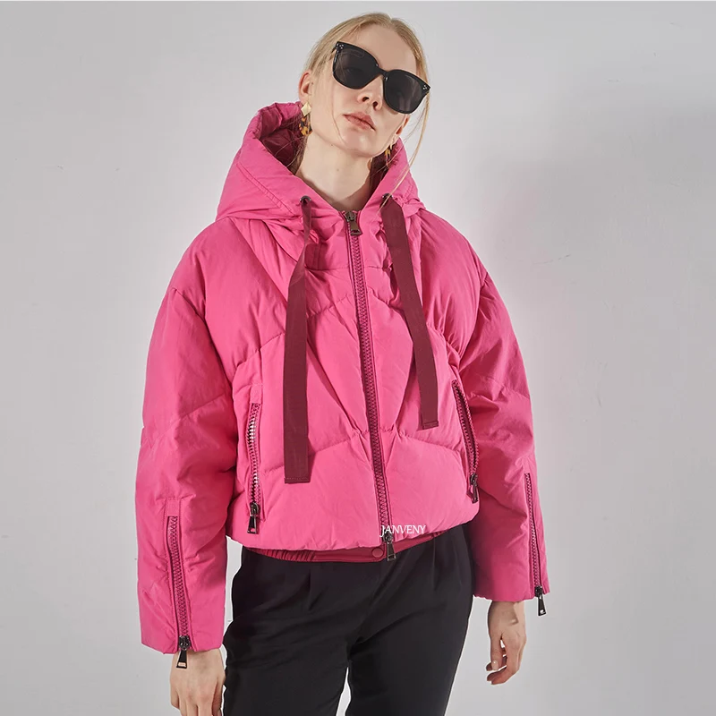 2021 Hooded False Two Pieces Puffer Coat Women Rhombus Webbing Drawstring Zipper Stitching Short Thickened White Duck Down Parka