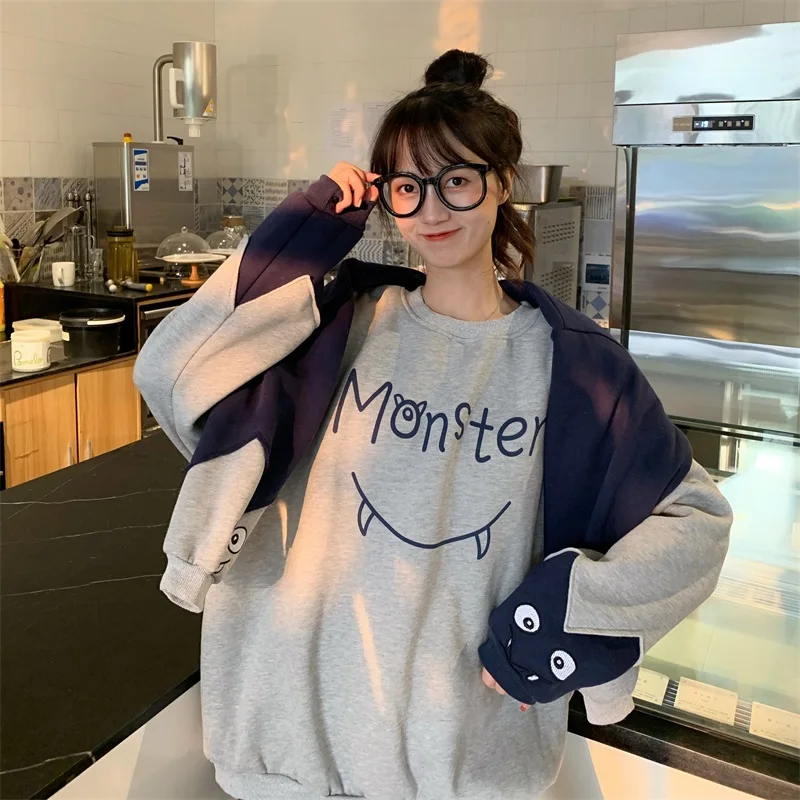 

Women Oversized Sweatshirt Monster Letters Eyes Print Loose Fleece Hoodie Harajuku Streetwear Pullover Plus Top Autumn Winter