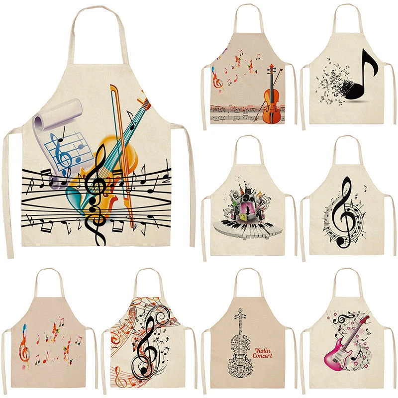 

Musicial Note Guitar Piano Kitchen Aprons Women Cotton Linen Bibs Household Cleaning Pinafore Home Cooking Apron 53*65cm