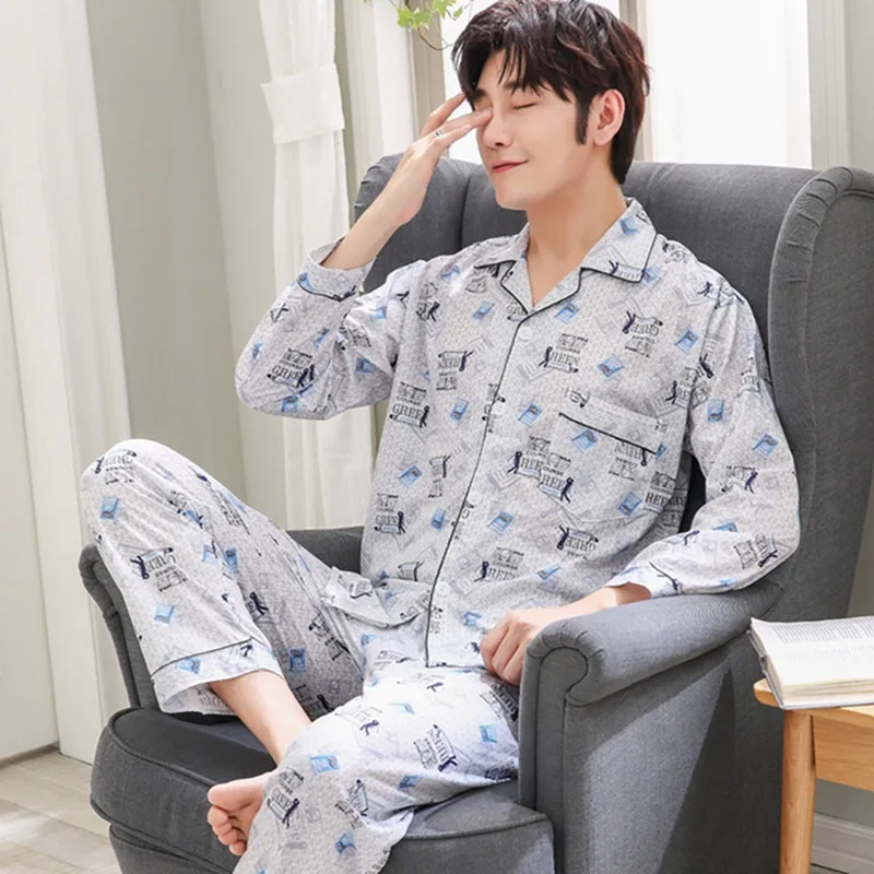 

Puimentiua Men Pyjama Set Cotton Spring Long Sleeve Plaid Men Pajama Suit Spring Nightwear Pijama Male Sleepwear Two Piece XXXL