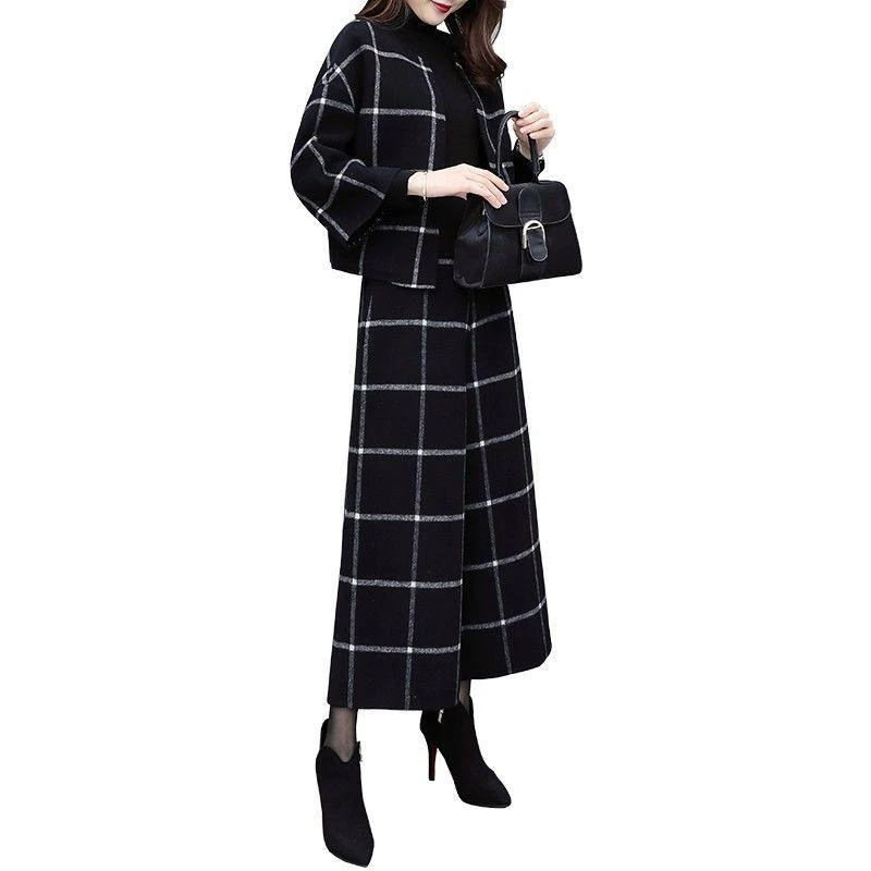

2021 New OL Spring Autumn Women's Two Piece Sets Office Lady Plaid Woolen Coat Suit Female Blazers Wide Leg Pants Suit