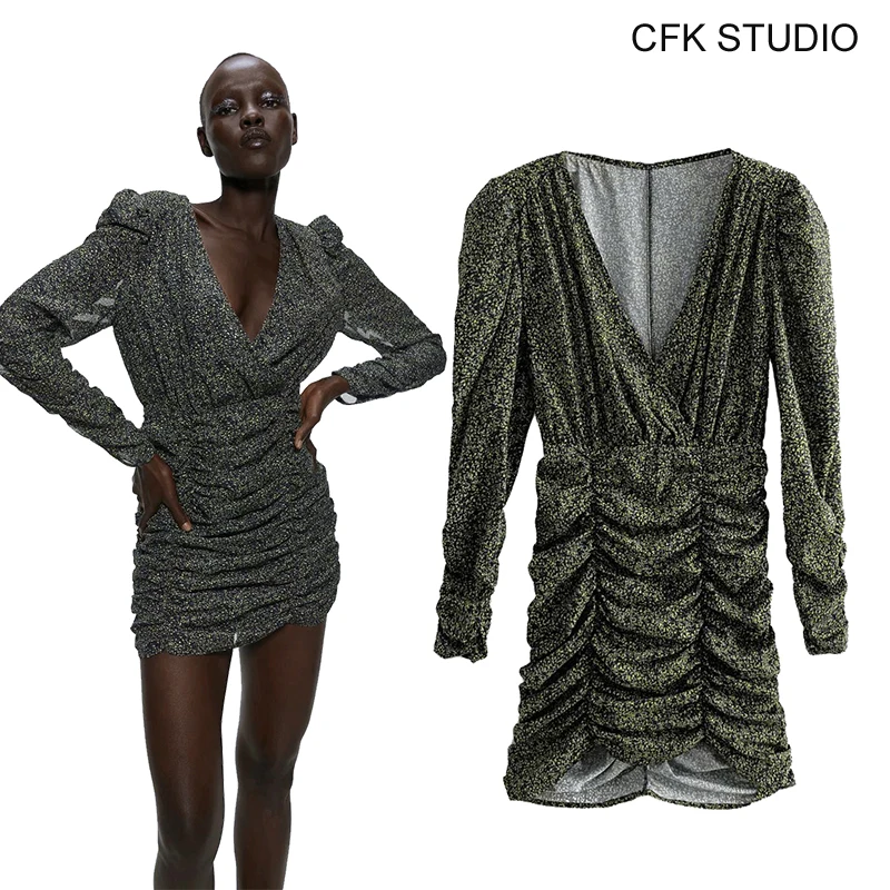 Женское мини-платье ZA повседневное облегающее зеленое Хлопковое платье в