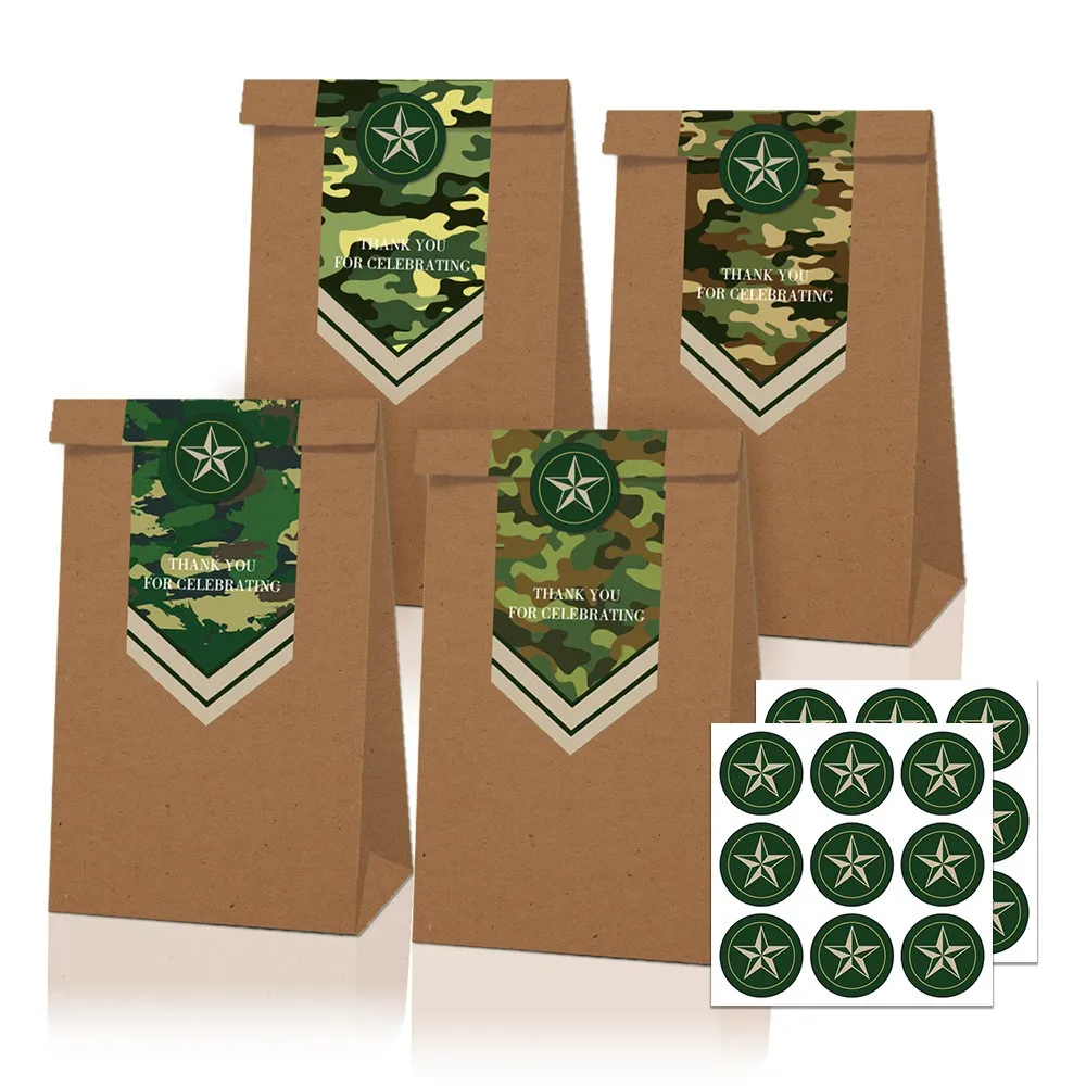 

12pcs Army Birthday Party Favors Military Party Gift Bag Camouflage Paper Bags Candy Bag Green Kraft Bag