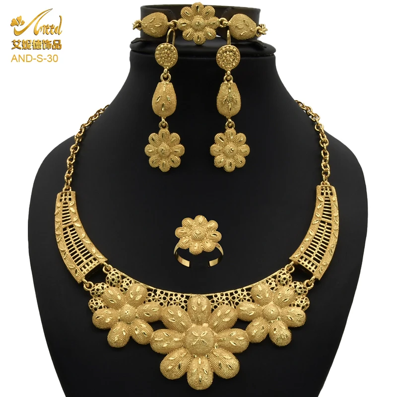 

ANIID Jewelery Set Flower Necklace Wedding Bracelets Ring Romanian Fashion Earrings Bride Nigerian Dubai Gold Plated For Women