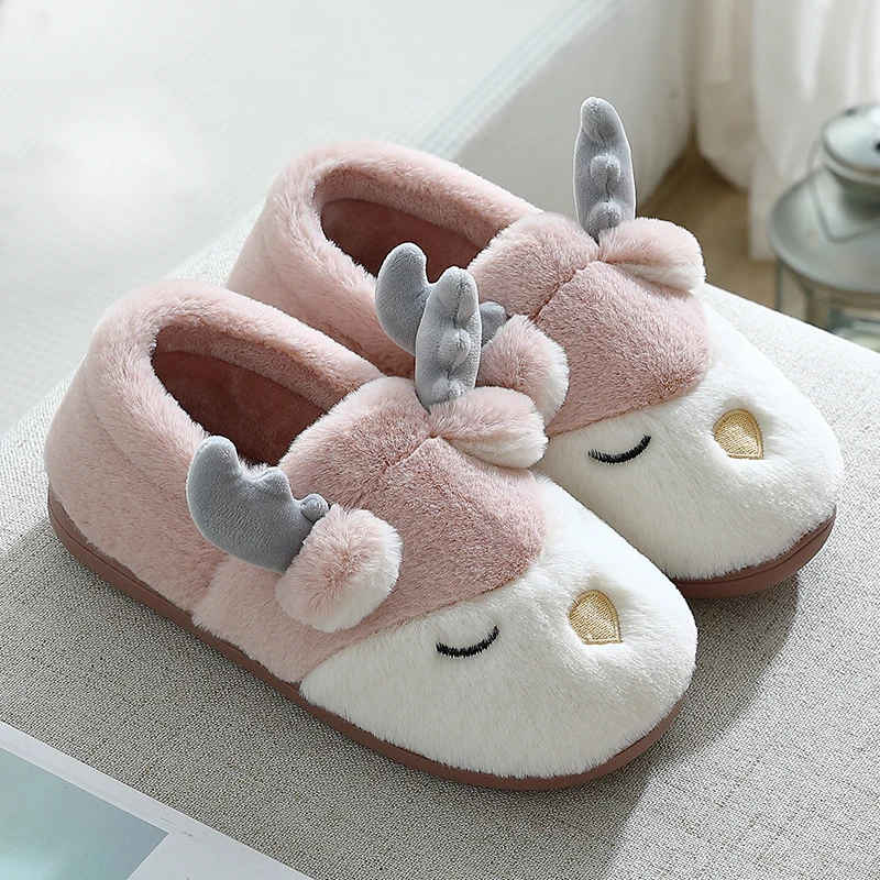 Women's Plus Size Bag with Cotton Slippers, Men's Home Cotton Slippers, Couple Indoor Cartoon Antler Plush Slippers, Size 36-45