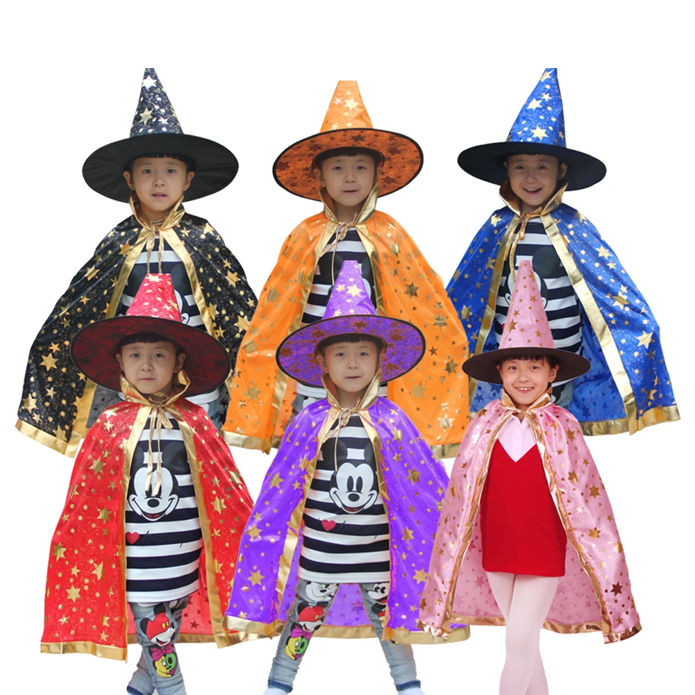 

2021 New Halloween Costume Wizard Cape Witch Cloak with Hat Star Patterns Halloween Props Set for Kids Party Cosplay Suit