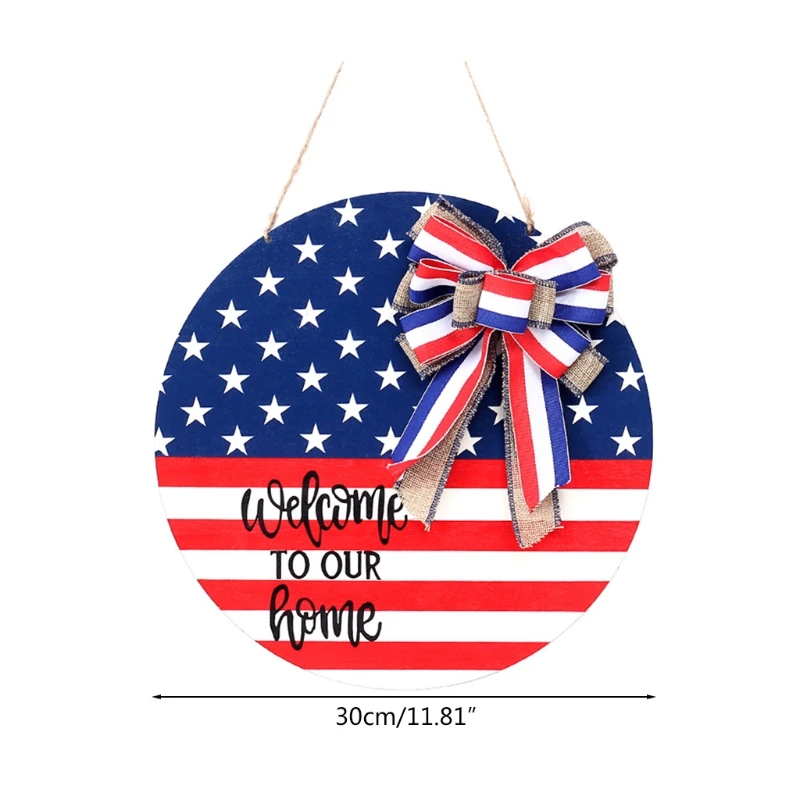 

Rustic Front Door Hanger Round Wooden Hanging Sign for Farmhouse Porch American Independence Day Decoration