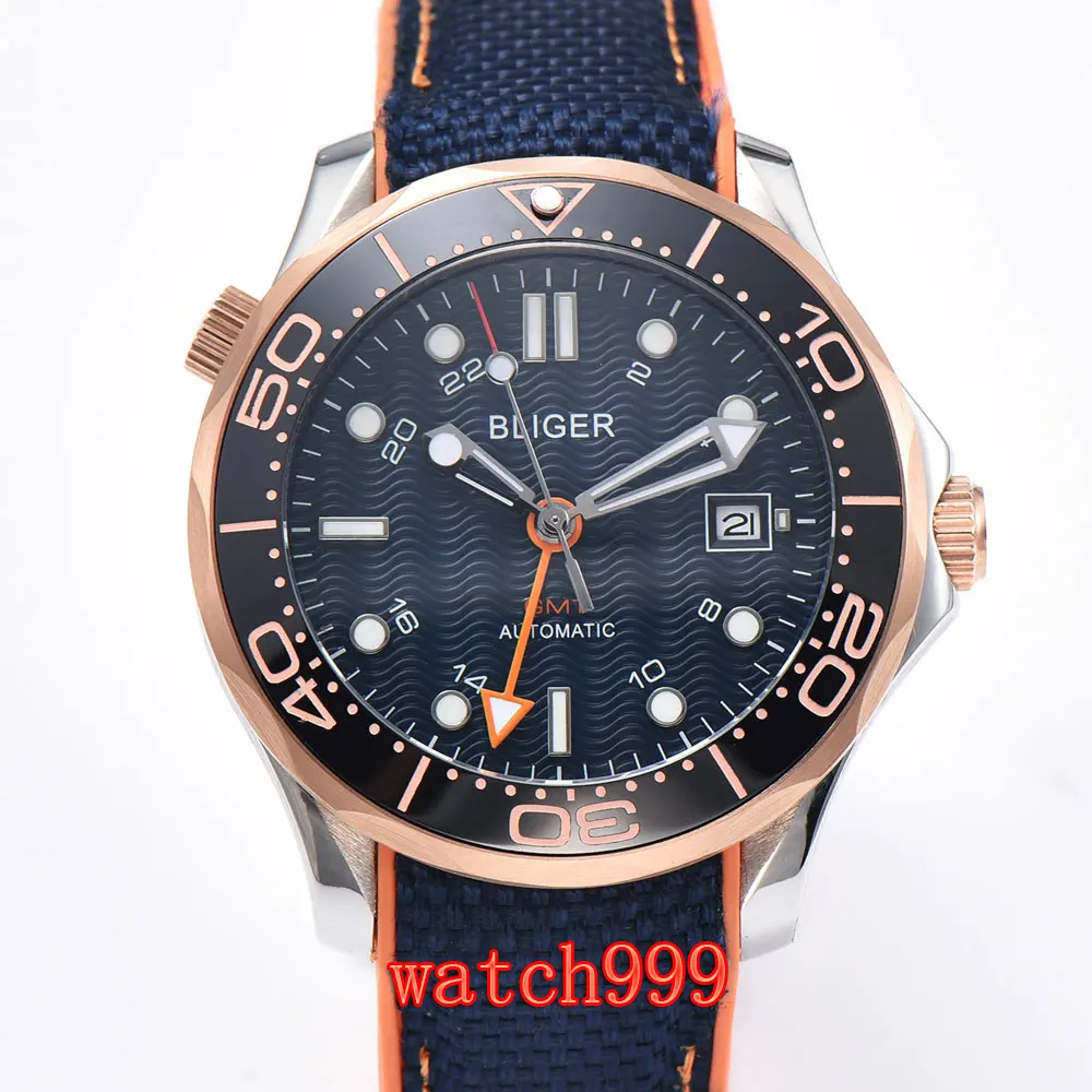 Bliger 41 mm Blue dial Automatic date Rose gold bezel fashion men's watches Rubber strap GMT automatic mechanical | Наручные часы
