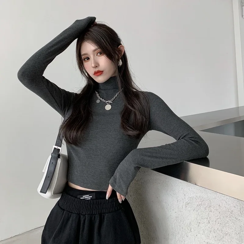 

Fashion Slim Trend T-Shirts Winter Korean Clothes Short Section Women's Clothing All-match High Street Tops Skinny Turtleneck