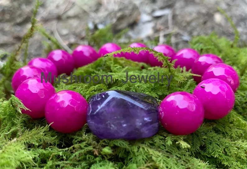 Boho Natural Amethyst Nugget BIg Stone Pink Gemstone Bead Elastic Femme Bracelet