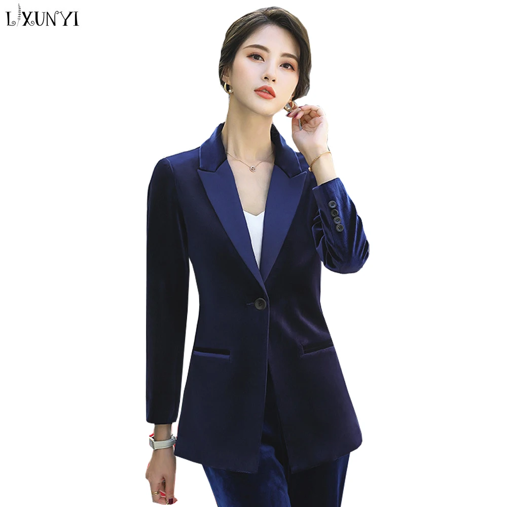

Black Blue Velvet Blazer Women 2020 Spring Autumn Long Sleeve Plus Size Long Blazer Jacket Female One Button Work Coats S-4XL