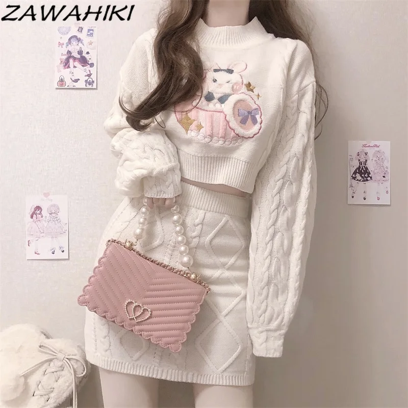 

ZAWAHIKI Japanese Autumn Knit Tops Cartoon Print Cute Long Sleeve Twist Short Sweater All-match Mini Skirt Two Piece Female Suit