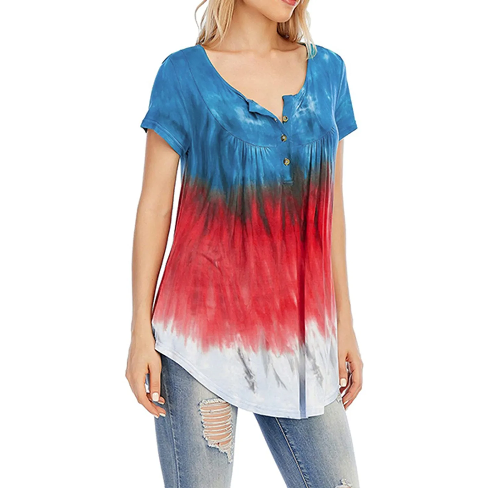 

40# Women's Casual Tie-dye Print Blouse Shirts Short Sleeve O-neck Button Blouse Top Plus Size Irregular Shirt Women's Clothing