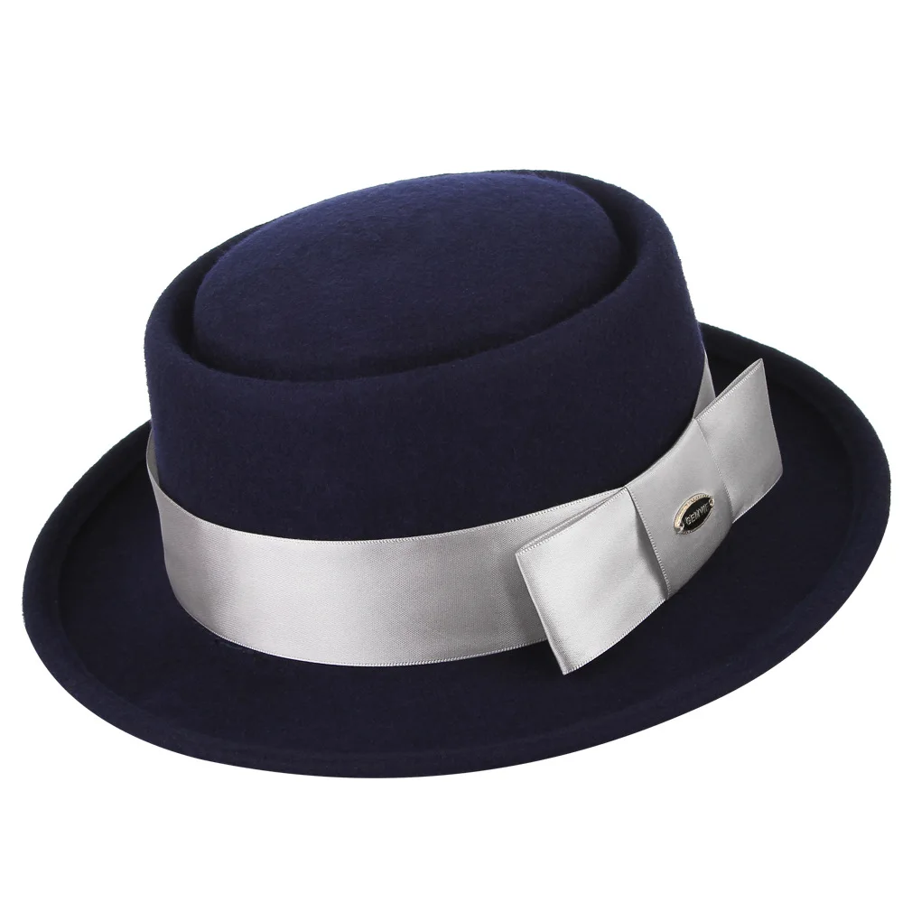 

Winter New Wool Fedoras Hat Neutral British Ribbon Bowknot Gentleman's Fedora Cap Women Male Short Eave Church Party Hats H7209