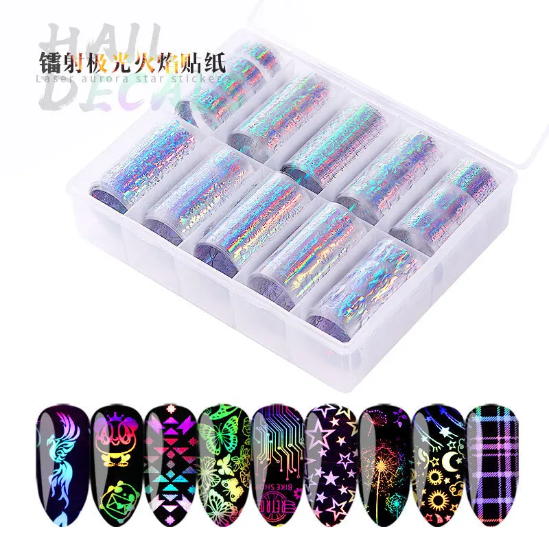 Flame Patch Set 4*100 Голографическая фольга на ногти лазер Пламя Дизайн ногтей перевод рисунка фольга Звездная наклейка с изображением неба клей маникюр Советы для украшения ногтей - Цвет: Flame Patch Set