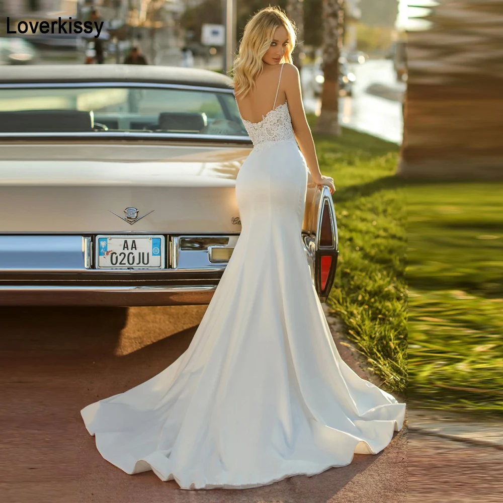 

Loverkissy 2022 Elegant Lace Appliques with Beads Wedding Dresses Mermaid Sweetheart Spaghettti Straps Boho Bridal Gowns Long