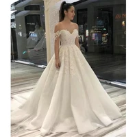 2021 new designs off the shoulder sweep train tulle lace applique wedding bridal dresses with lace up back vestido de noiva