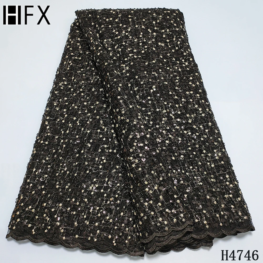 

HFX Gold African Lace Fabric 2021 Newly Designed Sequins Embroideried French Net Lace Tulle Fabric For Nigeria Party Dress F4746