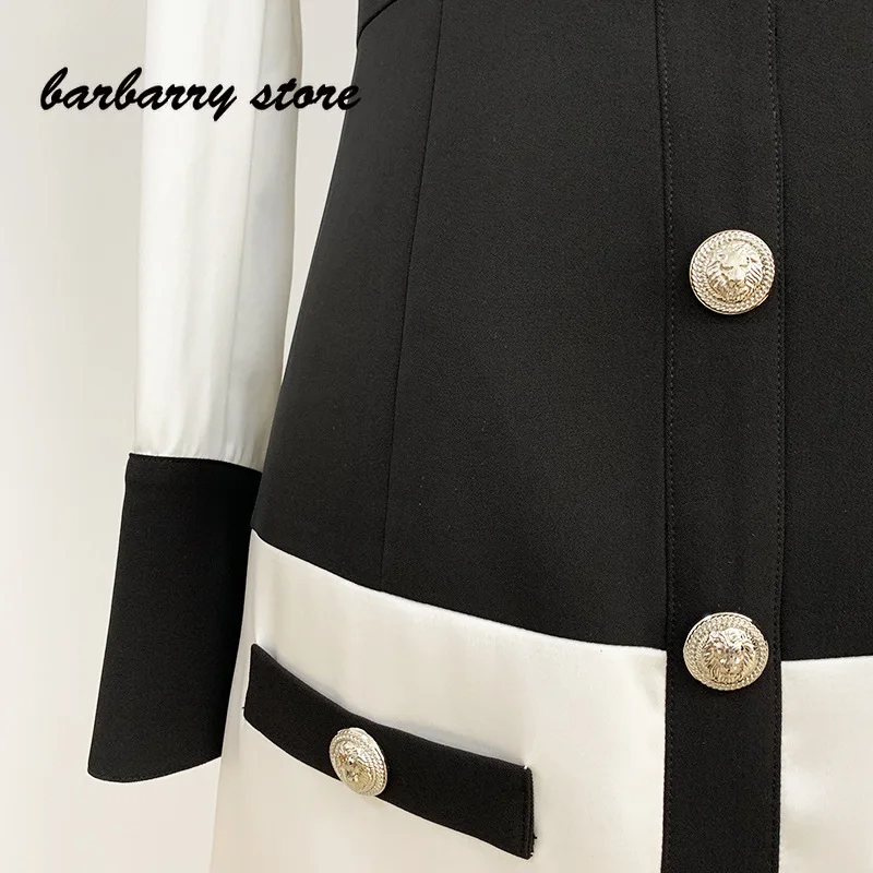 

2021 spring designer women high end new lion button shirt collar satin satin black white contrast color mini party woman dress