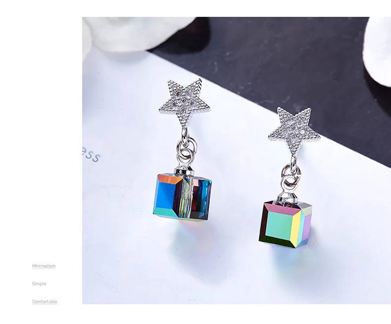 Warme Farben Crystal from Swarovski Earrings for Women S925 Sliver Square Cube Crystal Drop Earrings Korean Earrings Brincos