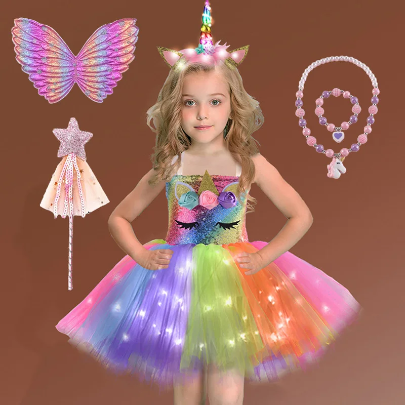 Girls Unicorn LED Tutu Dress with Wings Headband Sequins Kids Ballet Ball Princess Costume for Birthday Party Halloween Cosplay |