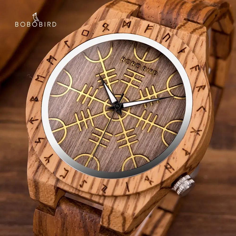 Деревянные часы BOBOBIRD с шлемом Awe Aegishjalmr или Vegvisir и Runic compass персонализированные