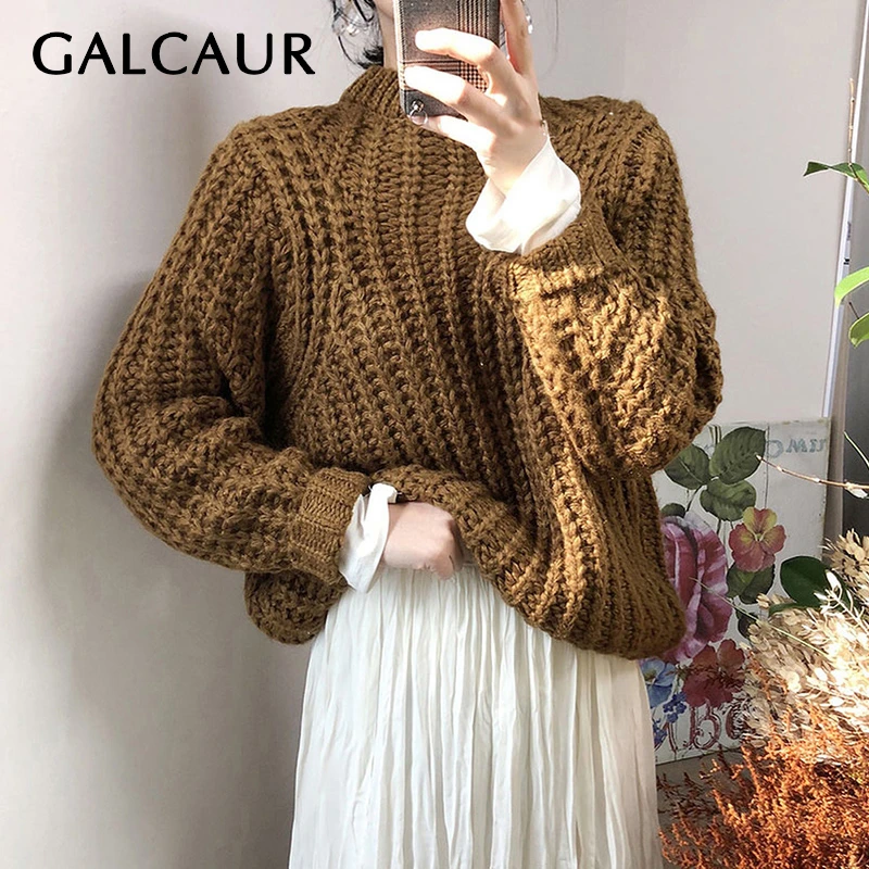 GALCAUR/Корейский вязаный женский свитер с круглым вырезом и длинным рукавом