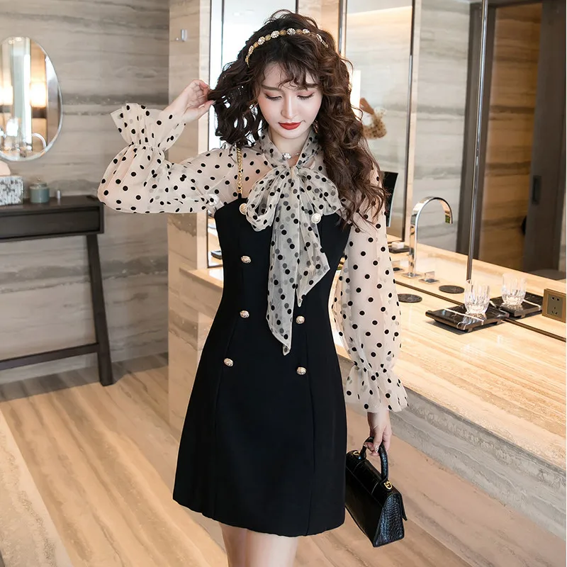 

2021 Spring Autumn Dot Polka Blouse Black Dress Women Lantern Sleeve Bow Tie Mesh Shirts Double Breasted Spaghetti Mini Dresses