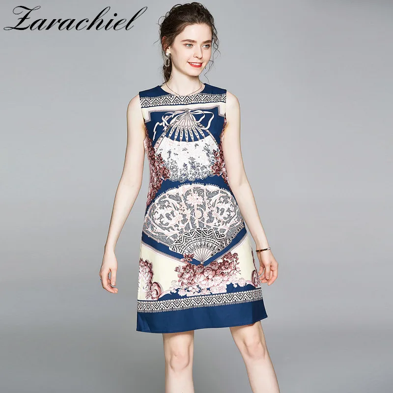 Элегантные летние платья с цветочным принтом женские без рукавов круглым