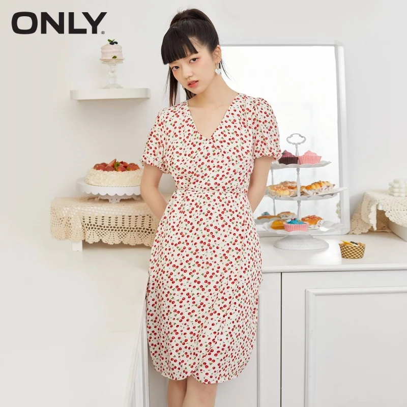 

ONLY 2021 summer waist waist floral tie V-neck dress women | 121207114