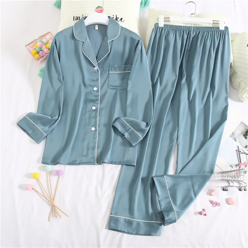 

Wmyqdlq PJS Sleepwear Set Spring 2021 New Style Silk Ladies Long-Sleeved Trousers Home Service Suit Wind Female Sweet Pajamas