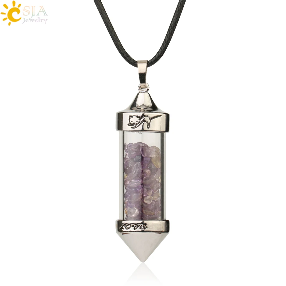 Amethyst Chain Csja желая Подвески с флаконами ожерелья натуральный камень Гравий в форме пули кулон Романтическая любовь юбилей подарок для женщин G184 - Окраска металла: Amethyst Chain