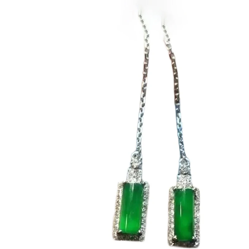 

Full Green Chalcedony Columns Hanging Earrings S925 Sterling Silver Inlaid Simple Advanced Exquisite Versatile Ear Stud Earring