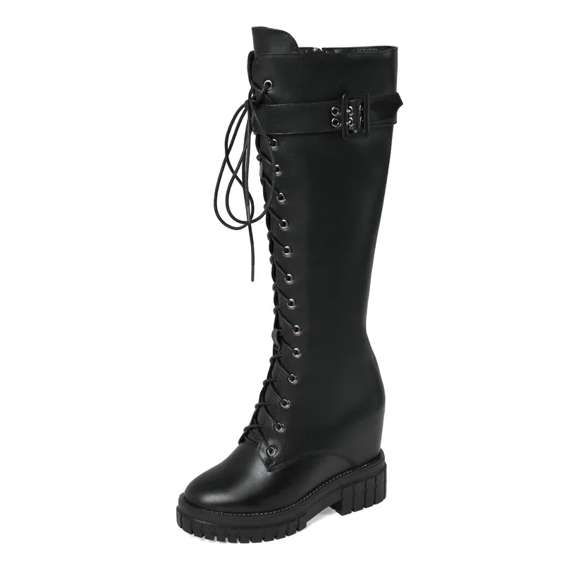 

Western Style Thick Bottom Iternal Increase Knee-High Boots Cross-Tied Belt Buckle Zip Platform Women Shoes Botas Feminina