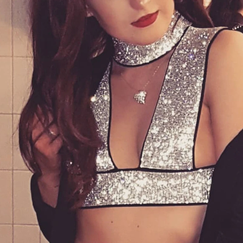 Женские блестящие майки со стразами сексуальные с глубоким V-образным вырезом