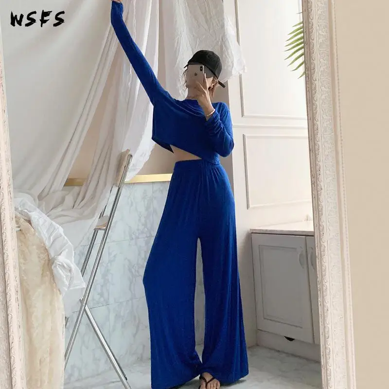 

2 Piece Set Outfits Summer Blue Grey Oneck Tshirt Top Womens Clothes Korean Bodycon Casual Sexy Party Wide Leg Ankle-length Pant